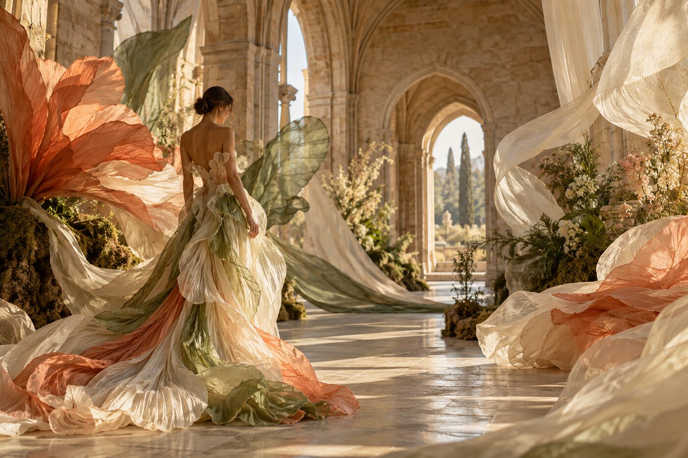 Aje's Summer 27 collection Unfurled at the College des Bernardins, Paris, with native Australian flora suspended in water along the stone