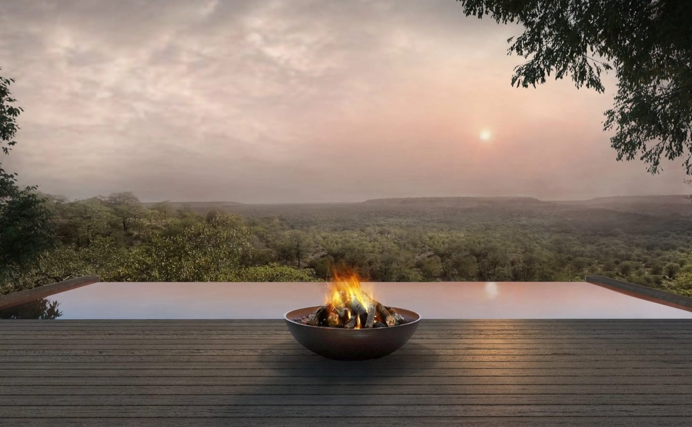 Rendering of Aman Karingani's pavilion and infinity pool overlooking the Mozambique plains at dusk, courtesy of Aman
