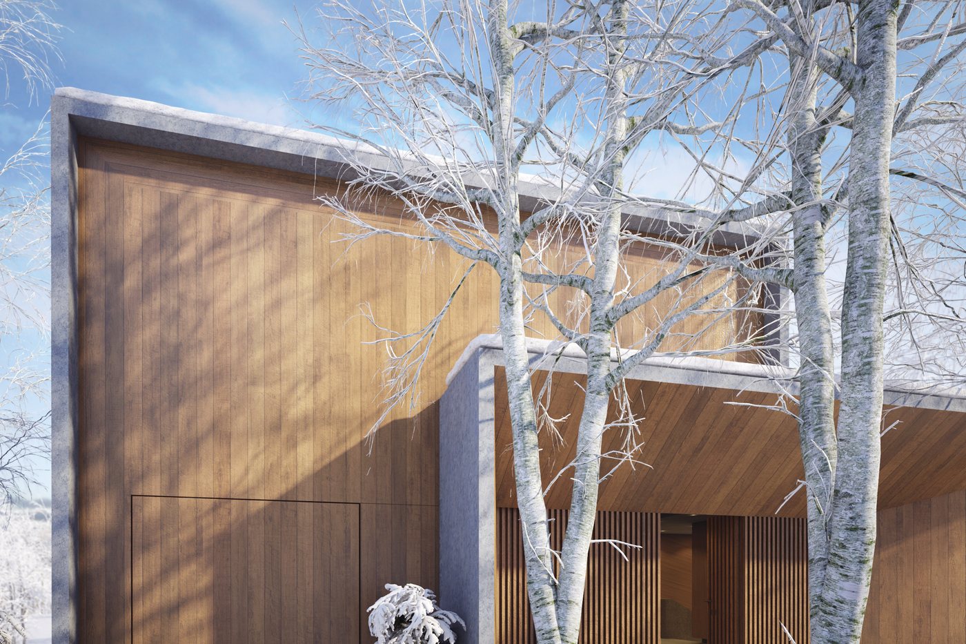 An Aman Niseko residence in winter, a timber-clad two-storey house with board-formed concrete walls and a deep covered entrance, standing among snow-covered birch trees, courtesy of Aman