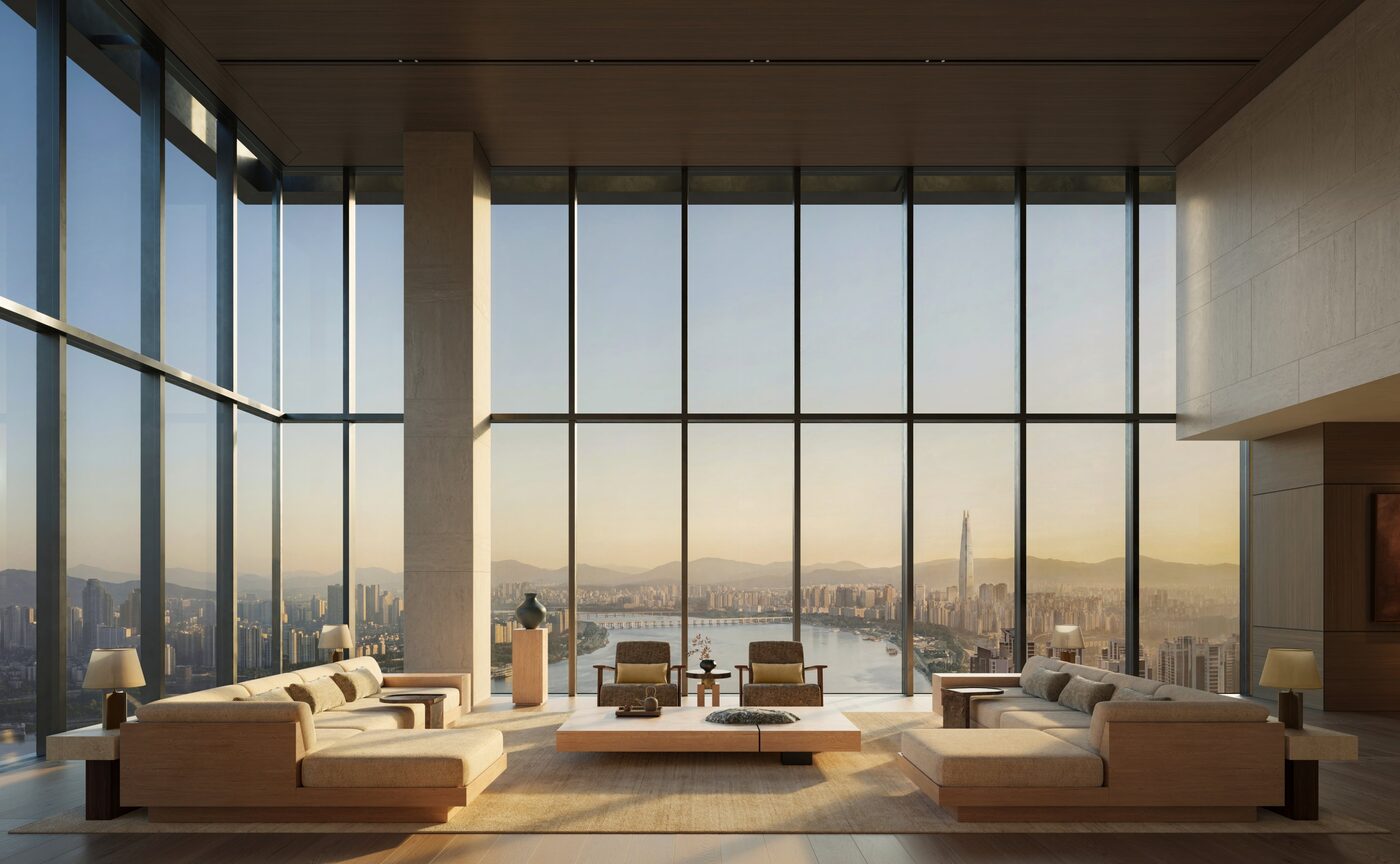 Rendering of a living room at Aman Residences, Seoul, facing the Han River