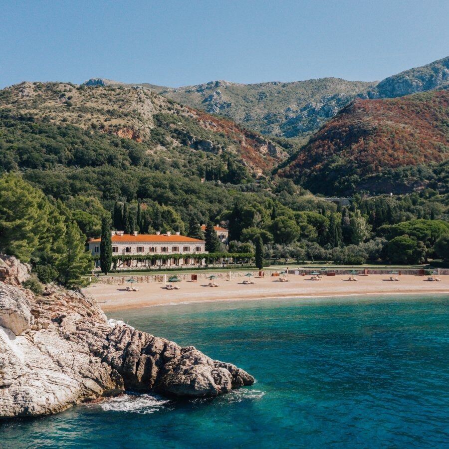Villa Milocer at Aman Sveti Stefan, overlooking King's Beach on the Adriatic.