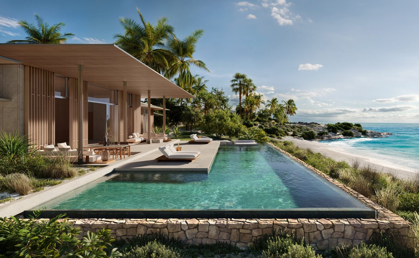 Pool terrace at an Amancaya residence overlooking the water in the Exumas