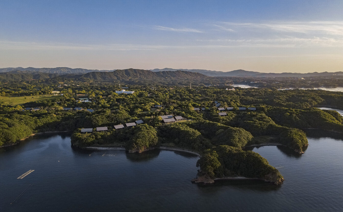 Aerial view of Amanemu above Ago Bay in Ise-Shima National Park, Japan