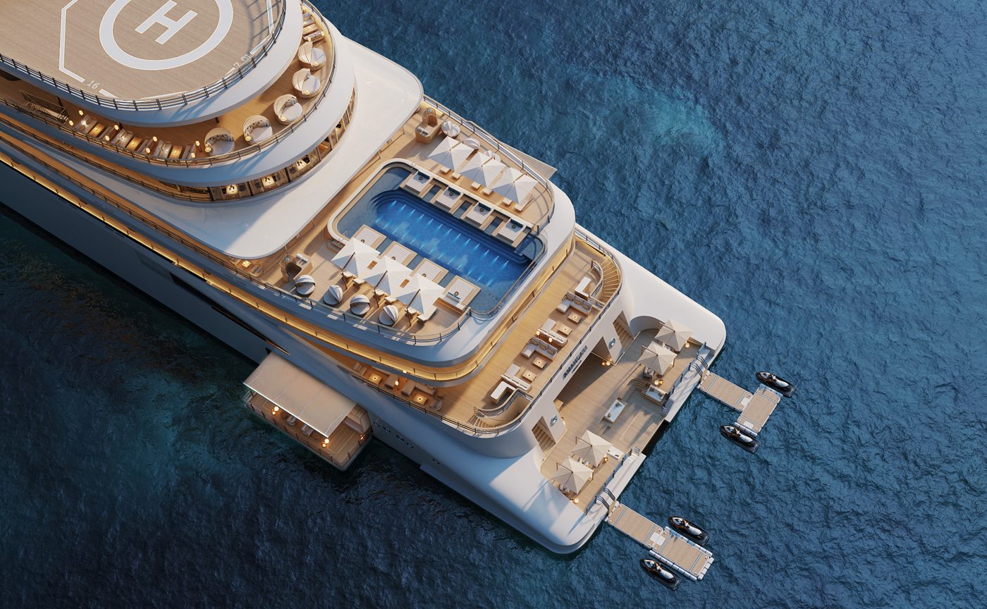 Aerial view of the upper decks of Amangati, showing the sixteen-metre pool, the helipad and the Marina platform wings folded out onto the sea, courtesy of Aman at Sea