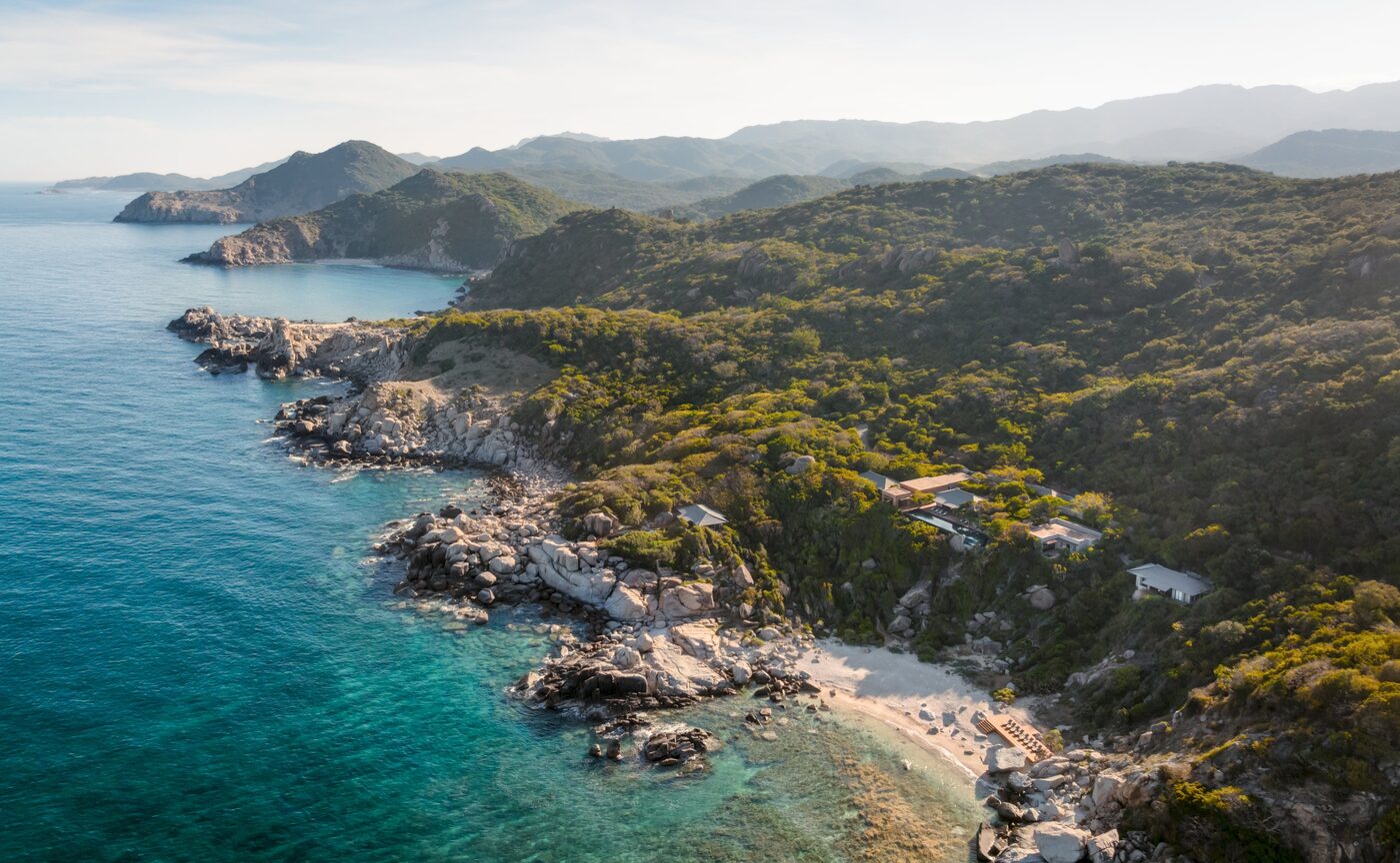 Aerial view of the Amanoi Ocean Pool Residence above Vinh Hy Bay, Vietnam