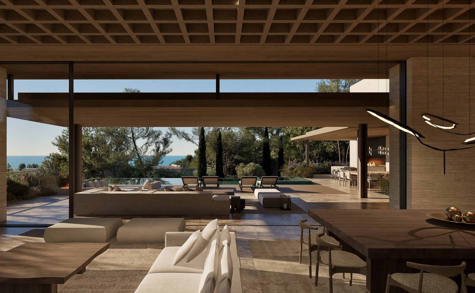 Interior of a villa at Aman Residences, Bodrum, with a coffered timber ceiling, pale seating and sliding walls open to a pool terrace, cypress trees and the Aegean beyond, courtesy of Aman