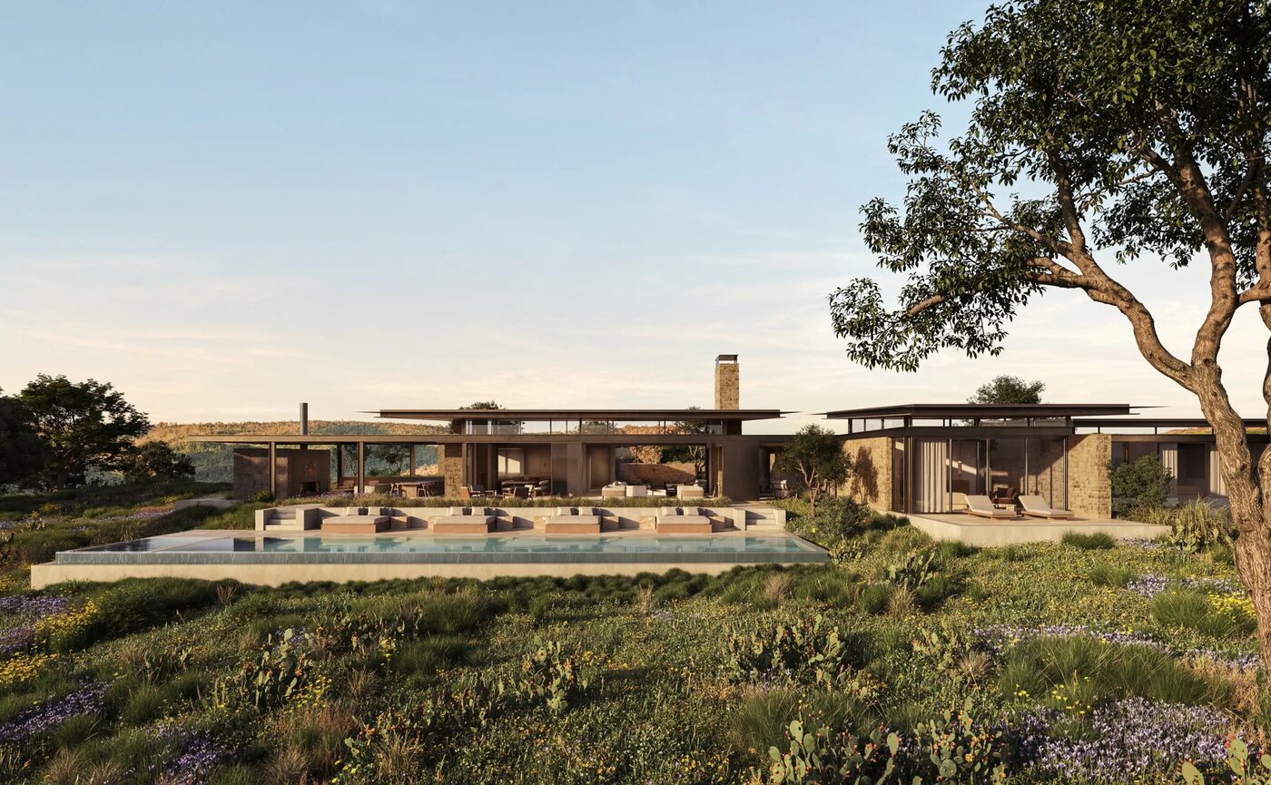 Rendering of an Amansanu residence set into the Texas Hill Country at dusk, courtesy of Aman