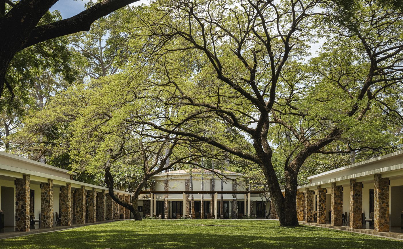 Colonnaded suite wings around a lawn and rain tree at Amansara, Siem Reap