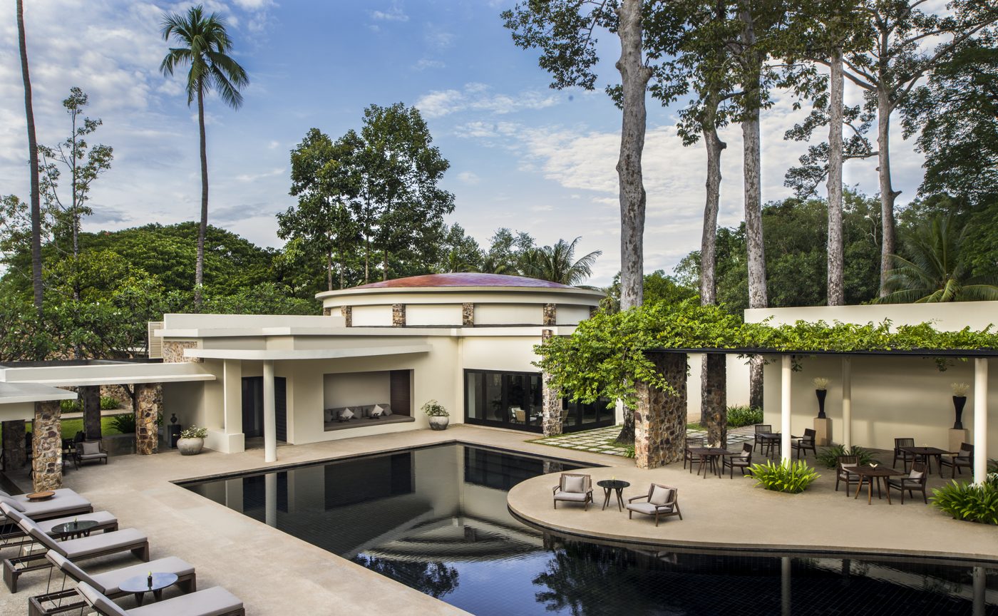 The copper-domed rotunda and dark pool at Amansara, Siem Reap