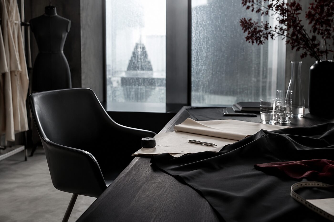 An empty boardroom chair beside a fashion atelier, marking a leadership change at the British Fashion Council