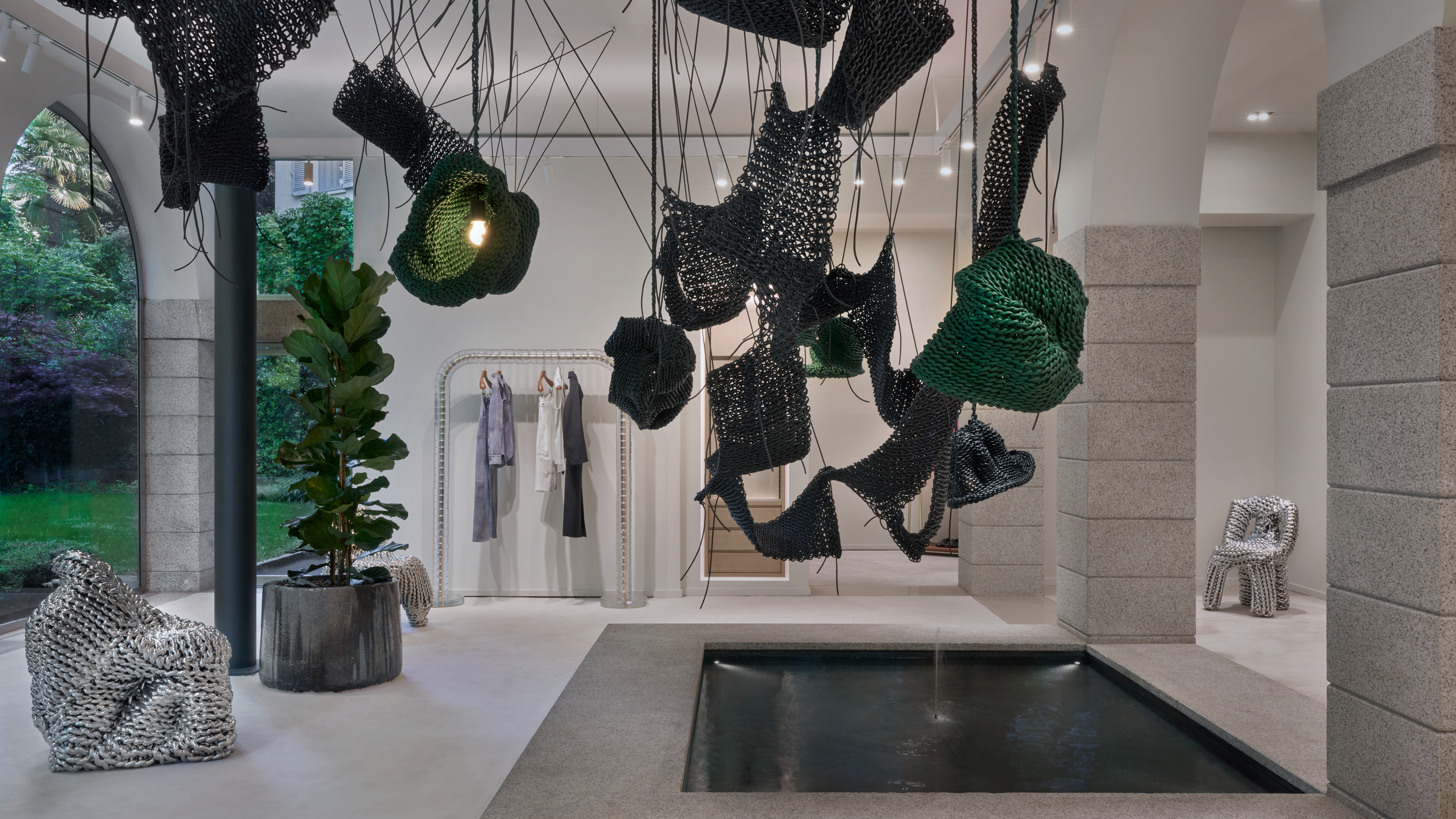 Kwangho Lee's hand-woven leather and rope sculpture at Bottega Veneta on Via Sant'Andrea, Milan Design Week 2026