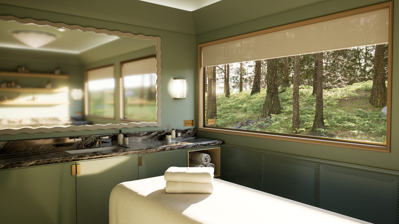 The Wildsmith wellness suite aboard Britannic Explorer, A Belmond Train, a sage-green treatment room with a window onto woodland
