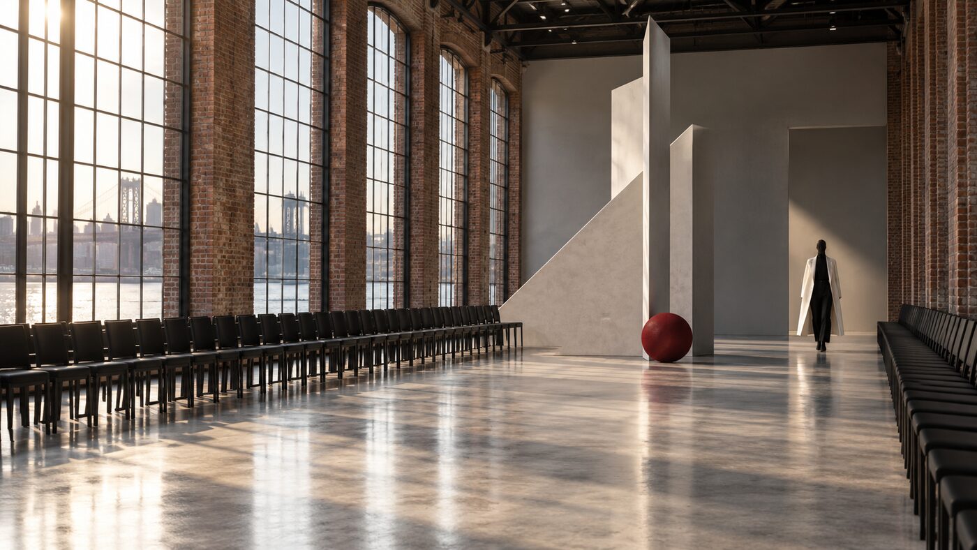 A pared-back Calvin Klein runway set inside a brick industrial warehouse in New York, courtesy of Calvin Klein