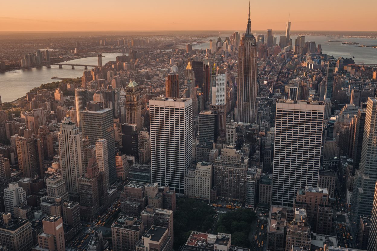 The New York skyline at dusk during fashion week