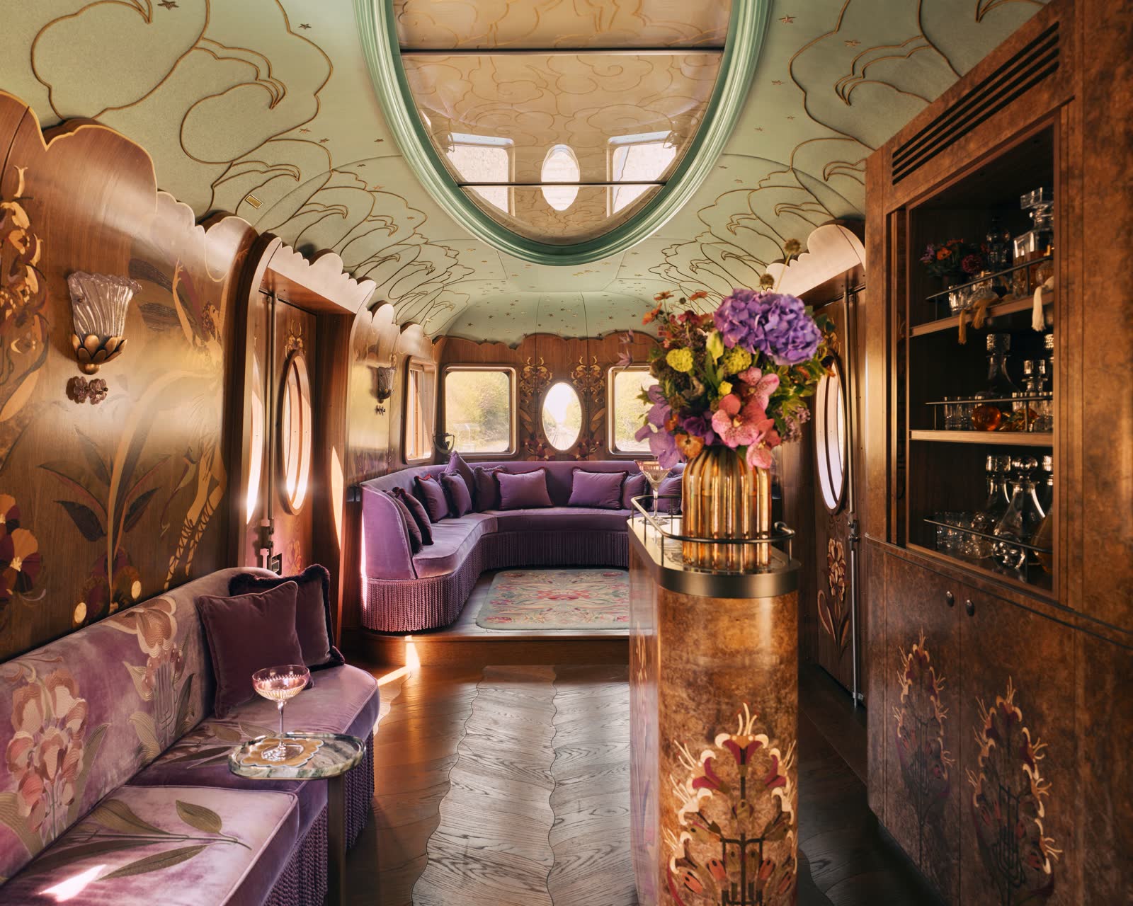 Interior detail of the Celia carriage on Belmond's British Pullman, by Baz Luhrmann and Catherine Martin
