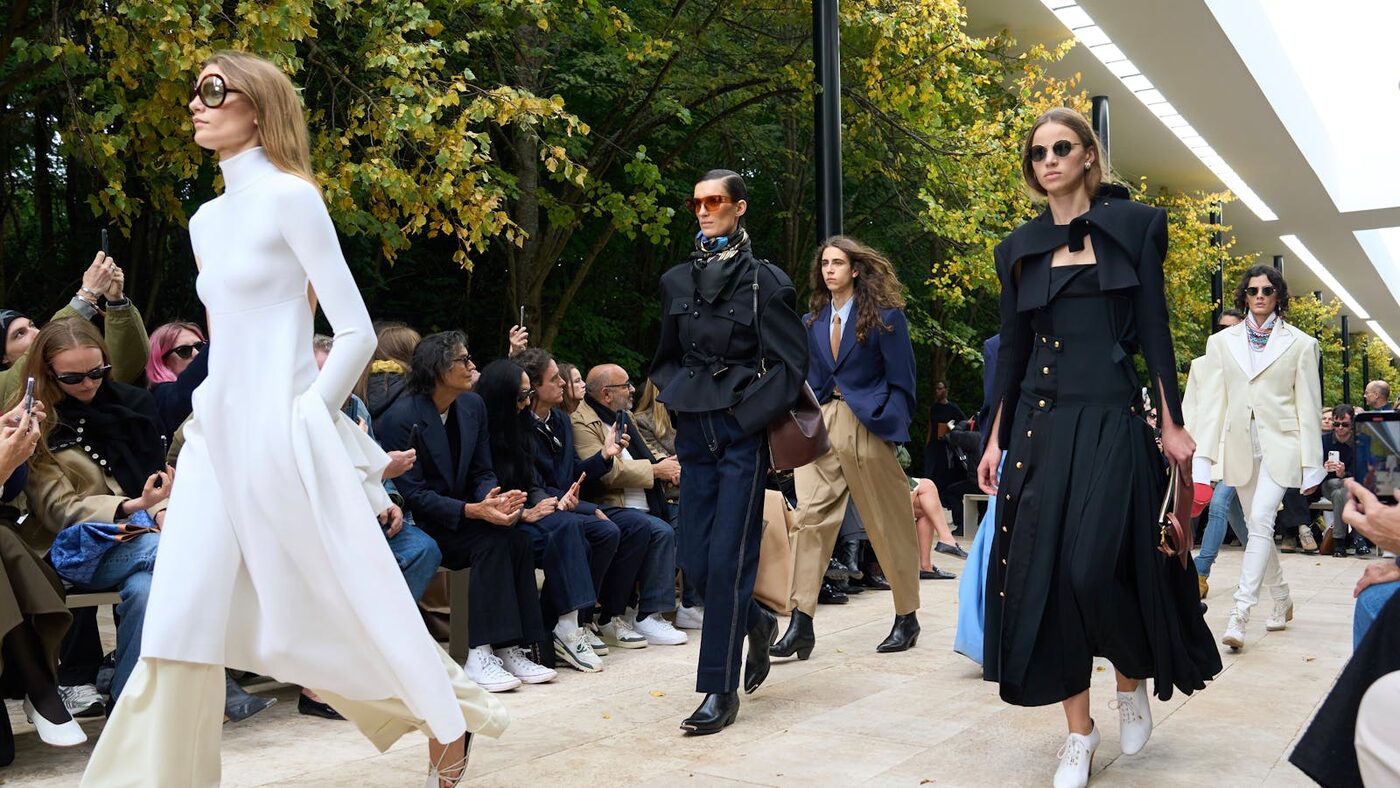 Models walking in daylight at Celine's Summer 2026 show under Michael Rider