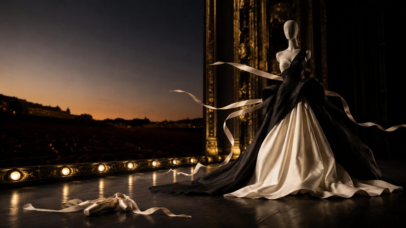 A couture gown and pointe shoes on a darkened theatre stage