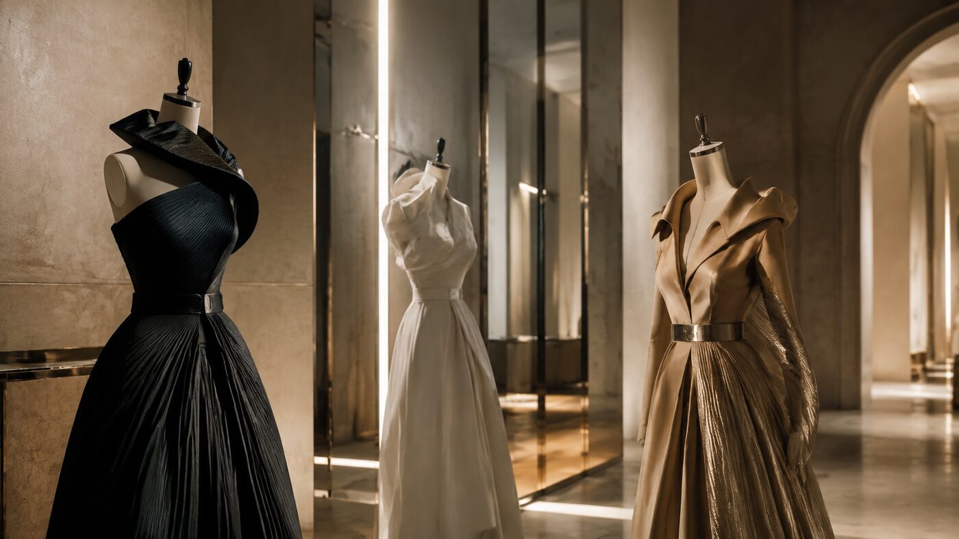 Sculptural gowns arranged in a Paris couture salon