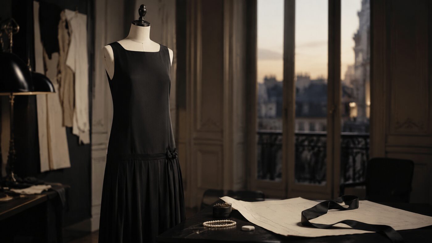 A black drop-waist dress on a form in a couture atelier