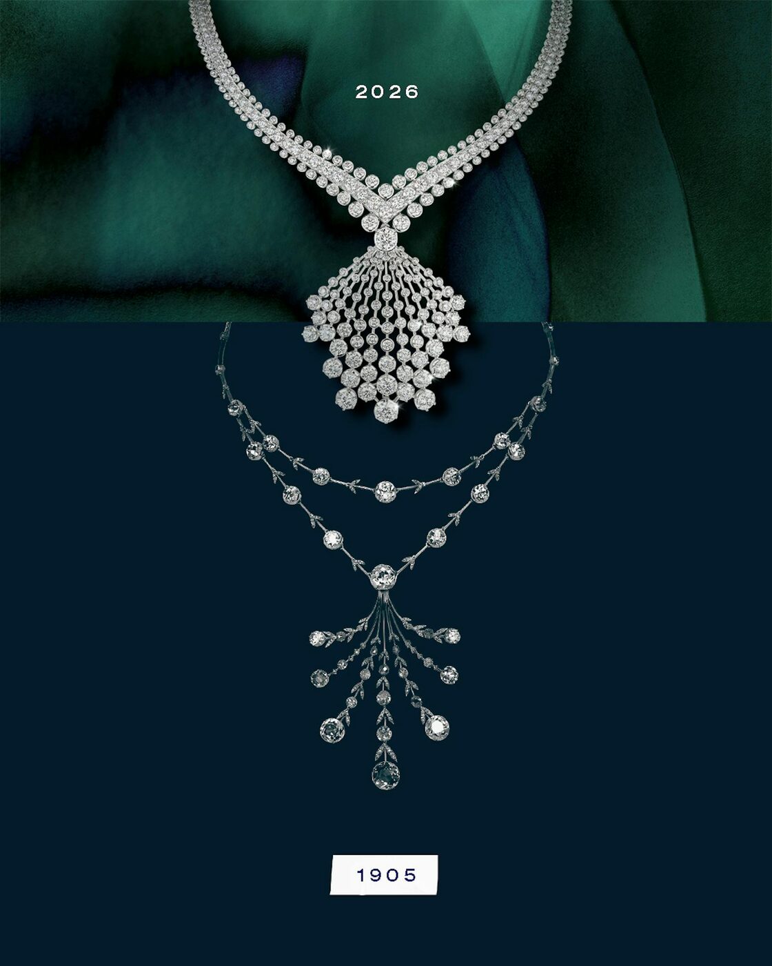 A Chaumet diptych pairing a 2026 diamond necklace with a cascading pendant against an older diamond necklace from 1905, shown on deep green and navy grounds