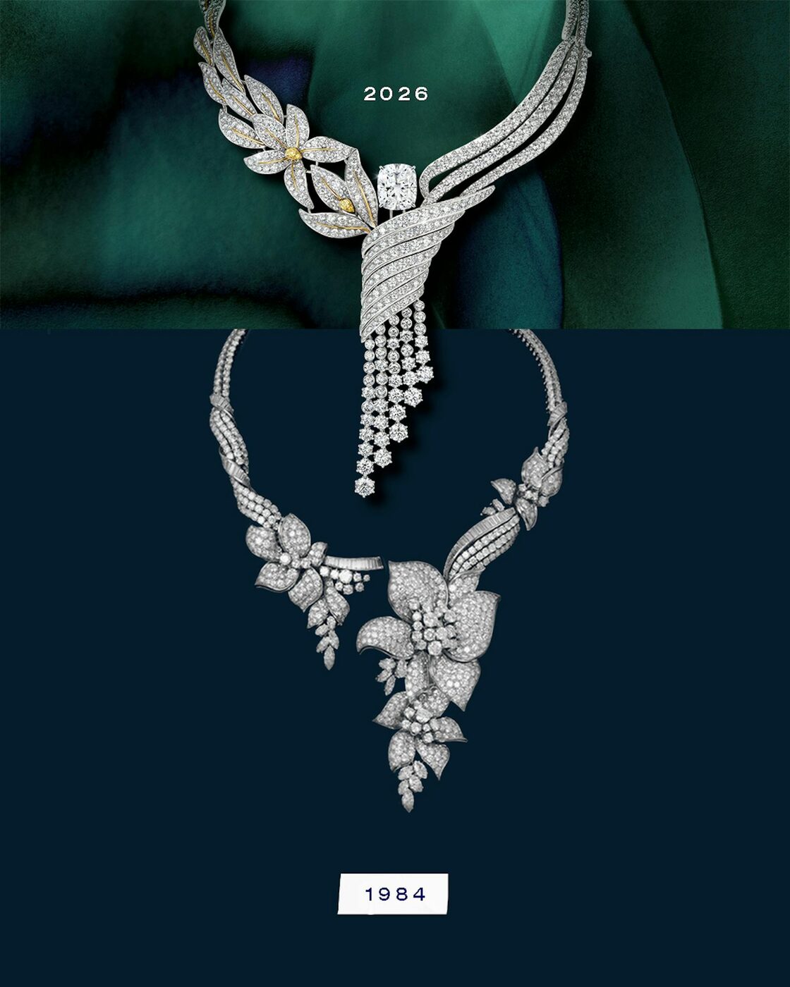 A Chaumet diptych showing a 2026 vanilla-flower necklace in white gold and diamonds above a floral diamond necklace from 1984, on green and navy grounds