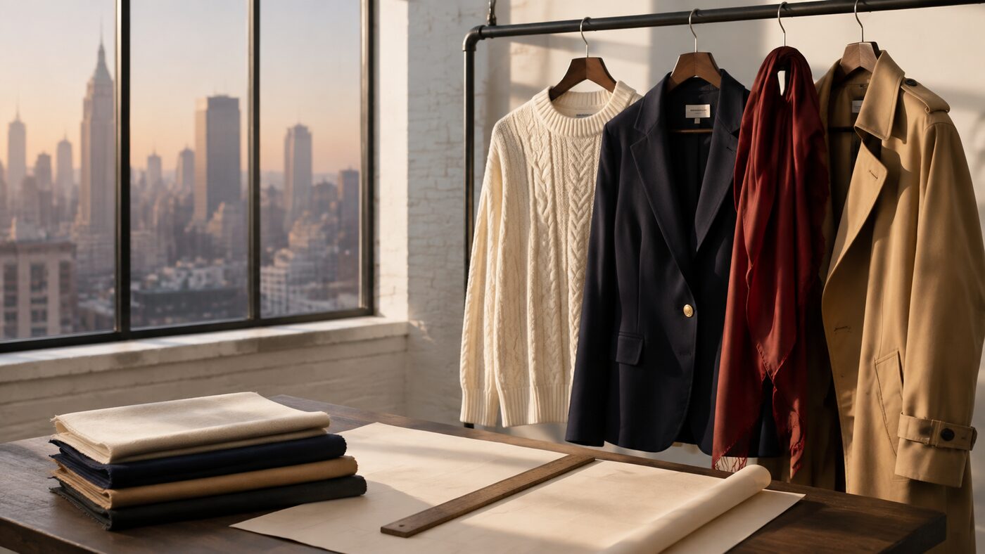 A New York studio still life of American heritage staples, a cable-knit sweater, a tailored blazer, a red scarf and a camel trench coat, courtesy of Fashion PR Firm