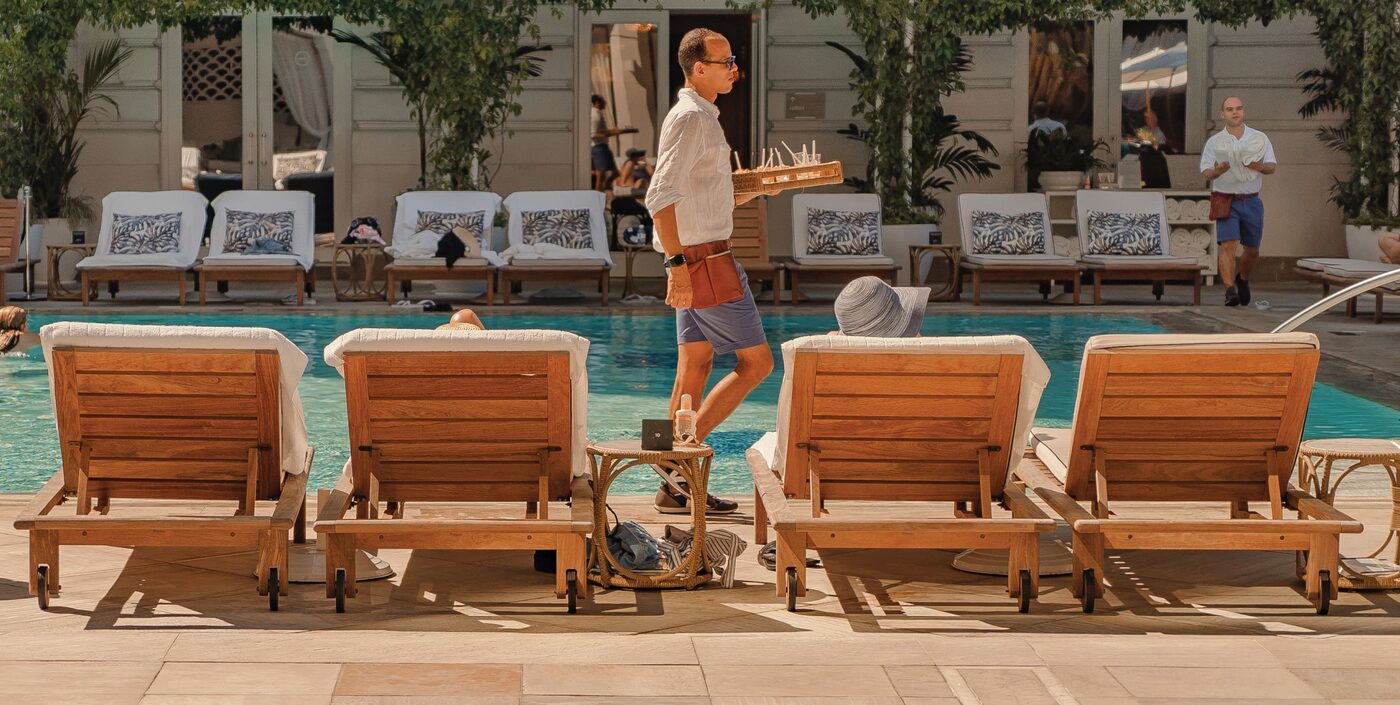 Loungers beside the pool at the Copacabana Palace, A Belmond Hotel, Rio de Janeiro