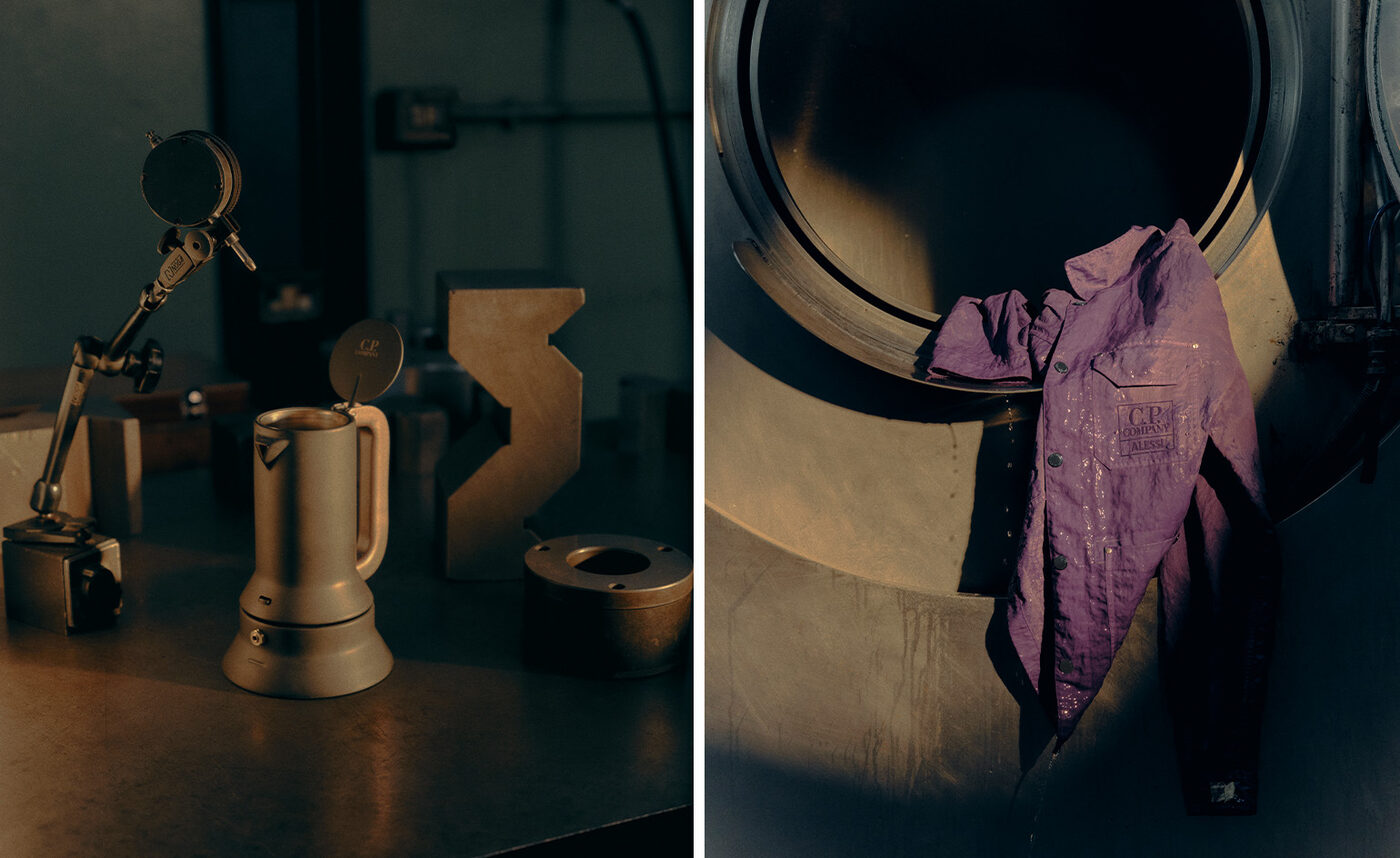 CP Company &times; Alessi collaboration at Milan Design Week 2026, Nylon B overshirts and black PVD coffee objects