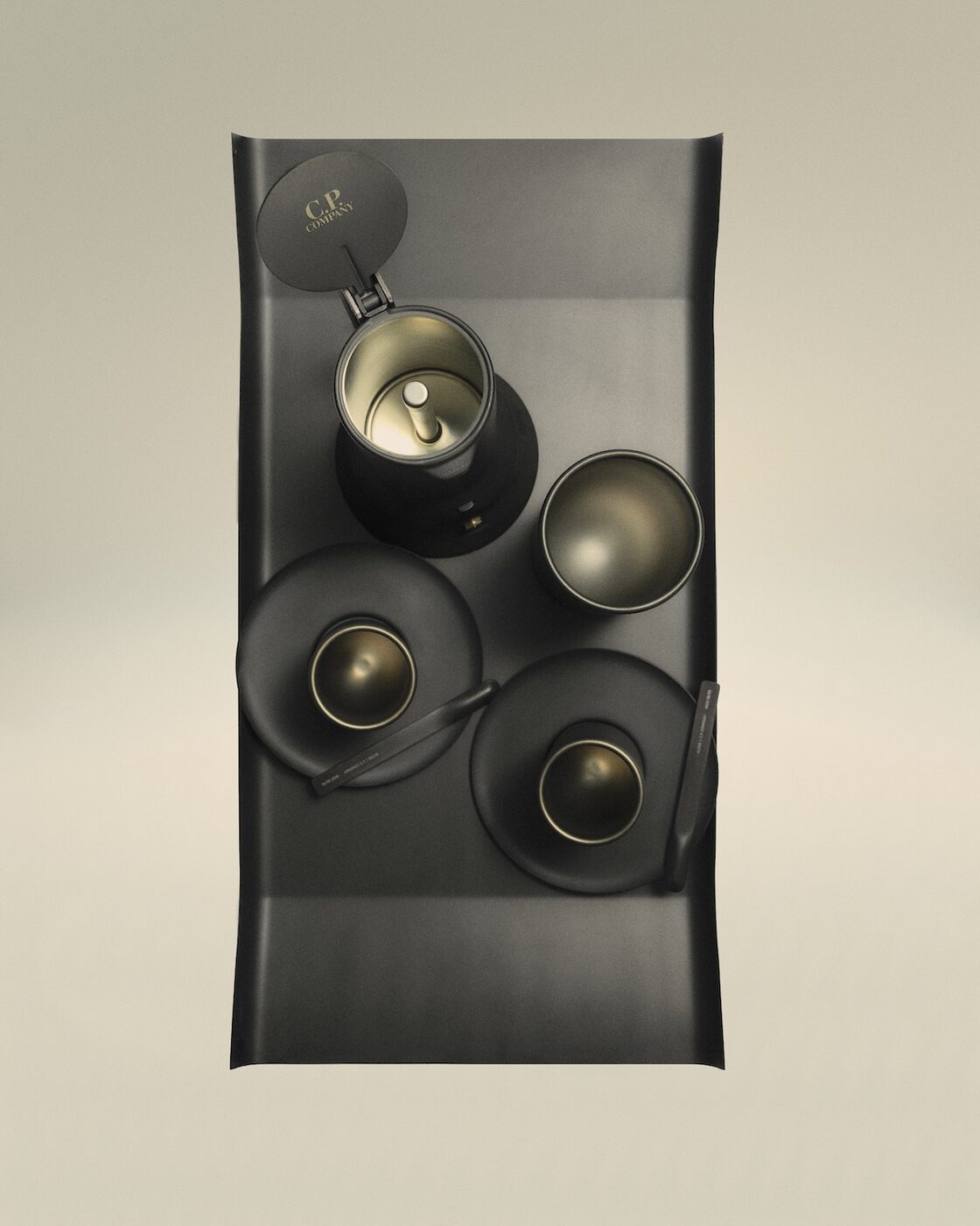 Alessi 9090 espresso maker, Jean Nouvel cups and Enzo Mari tray in black PVD finish for CP Company collaboration