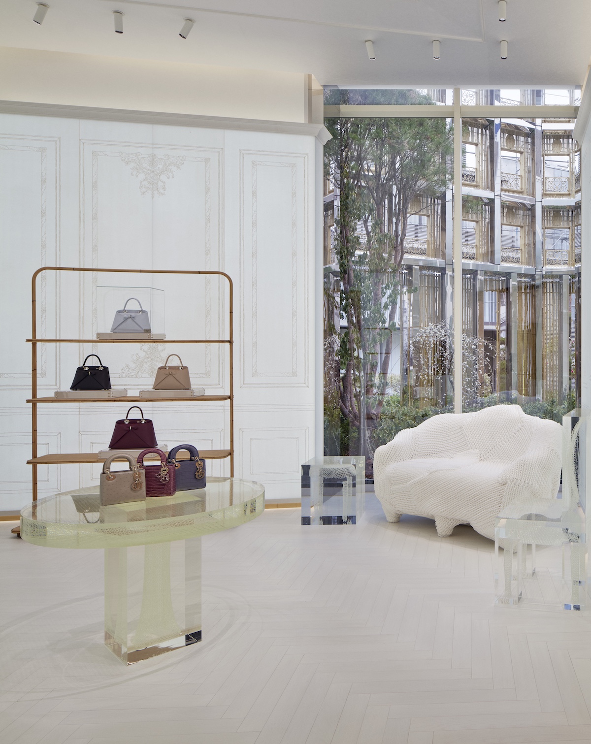 Interior detail of the Dior Bamboo Pavilion in Daikanyama, showing washi paper walls and Versailles parquet flooring