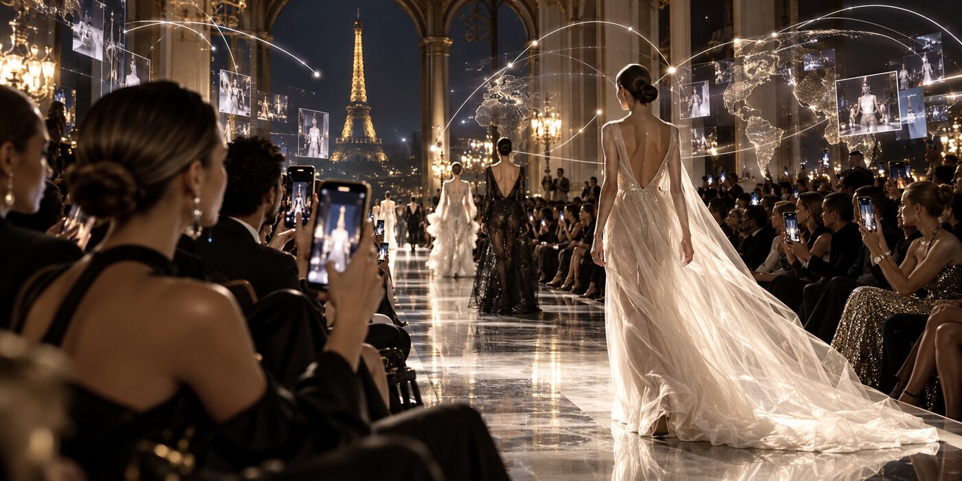 A conceptual editorial image of a Paris runway watched through phone screens, with light arcs tracing a global audience
