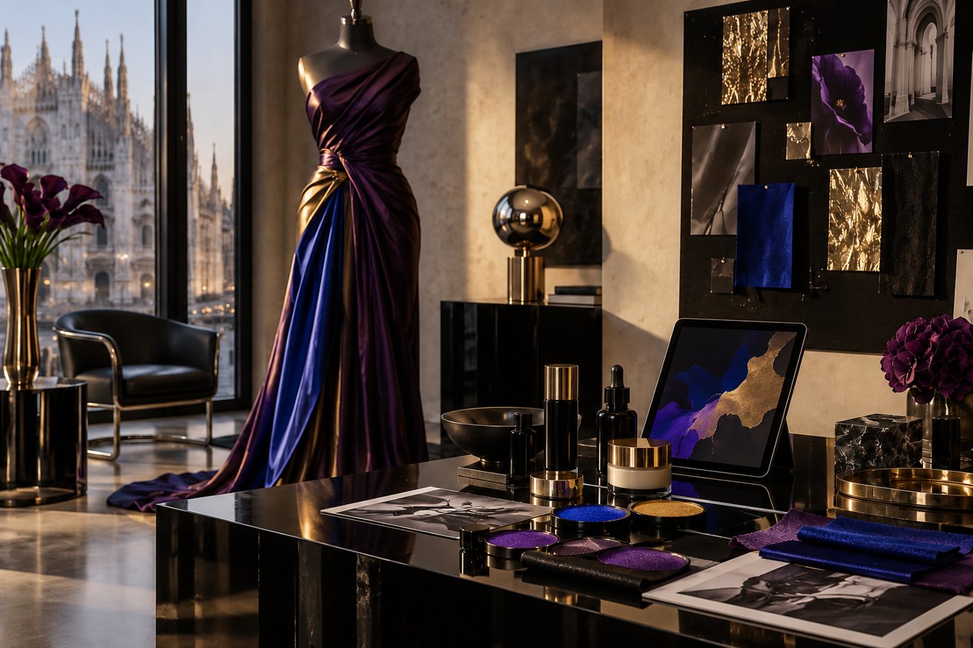 A Milan fashion and beauty studio rendered as a conceptual editorial illustration
