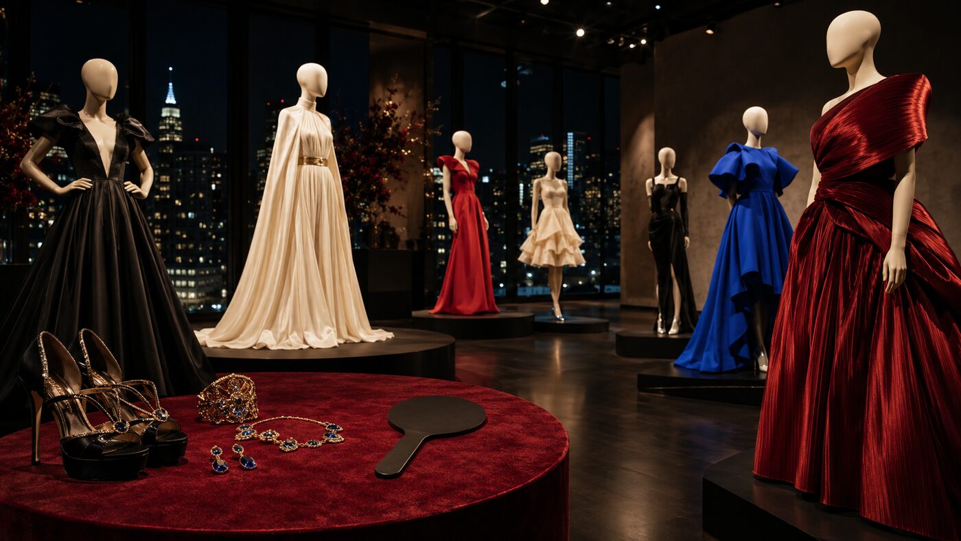 Couture-inspired film costumes displayed in a New York auction gallery