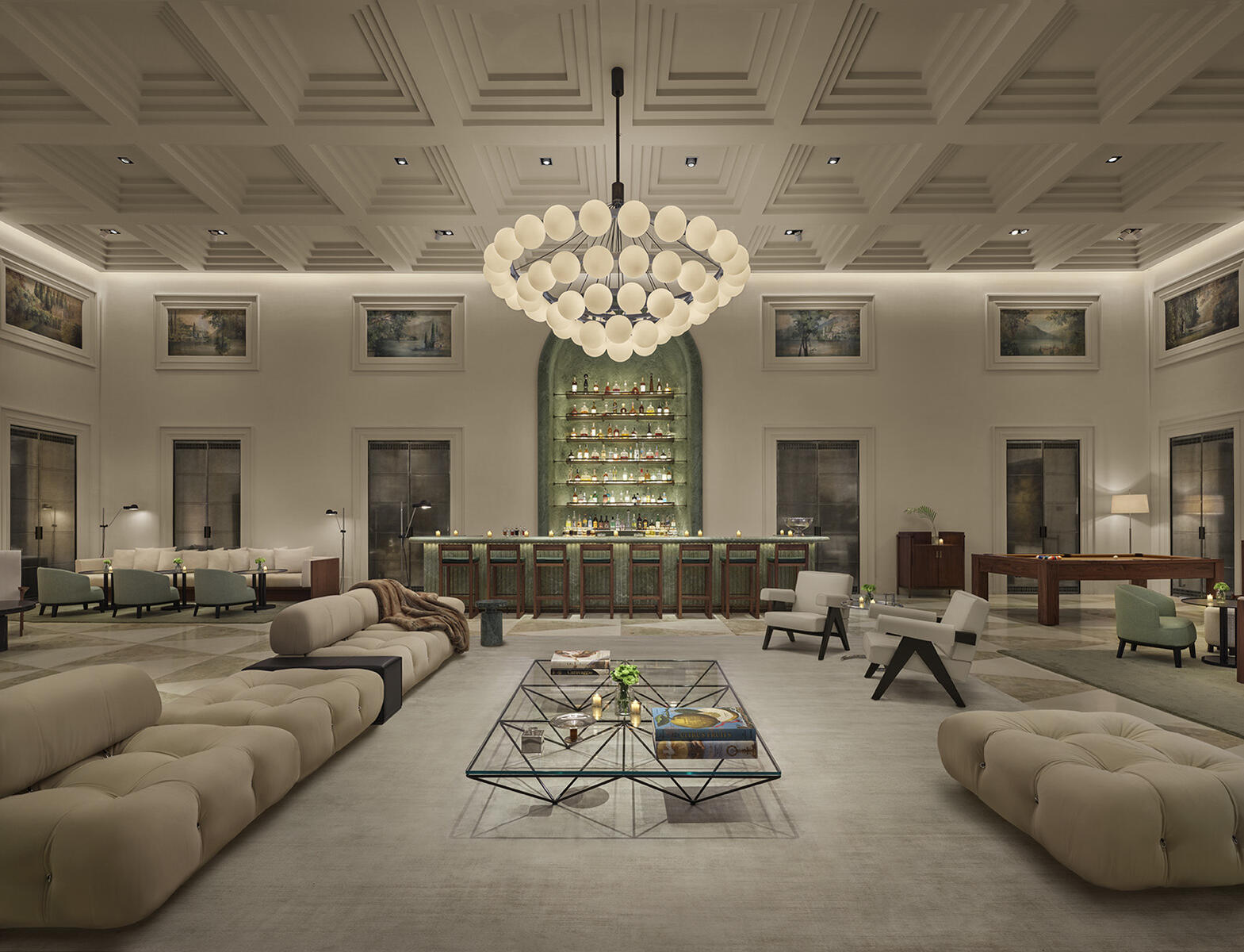 The Lake Como EDITION Lobby Bar — grand chandelier, period paintings, contemporary seating