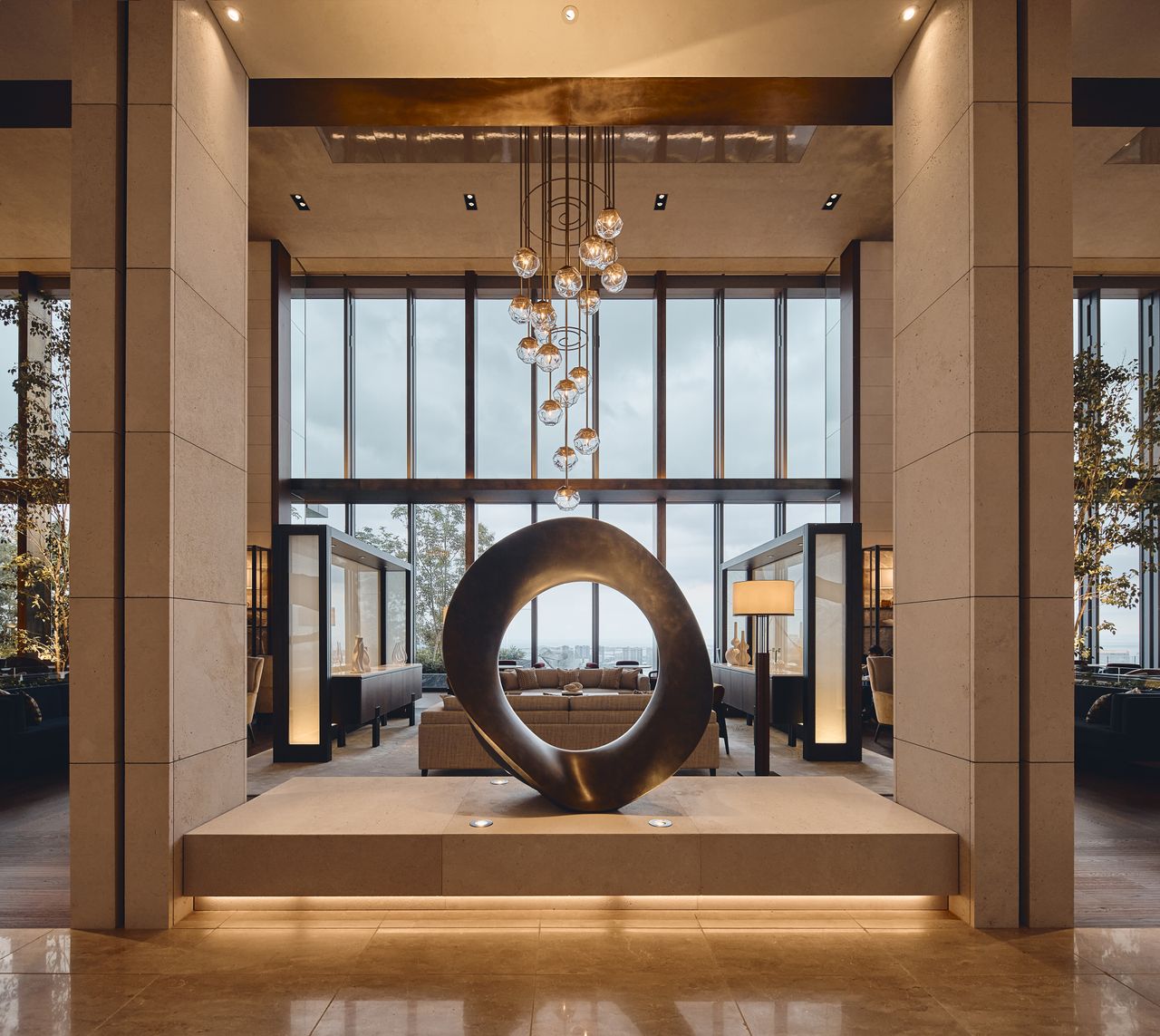 The Vue Mer lobby lounge on level 35 of Fairmont Tokyo, with sculpture by Mari-Ruth Oda and chandelier by Bar Studio