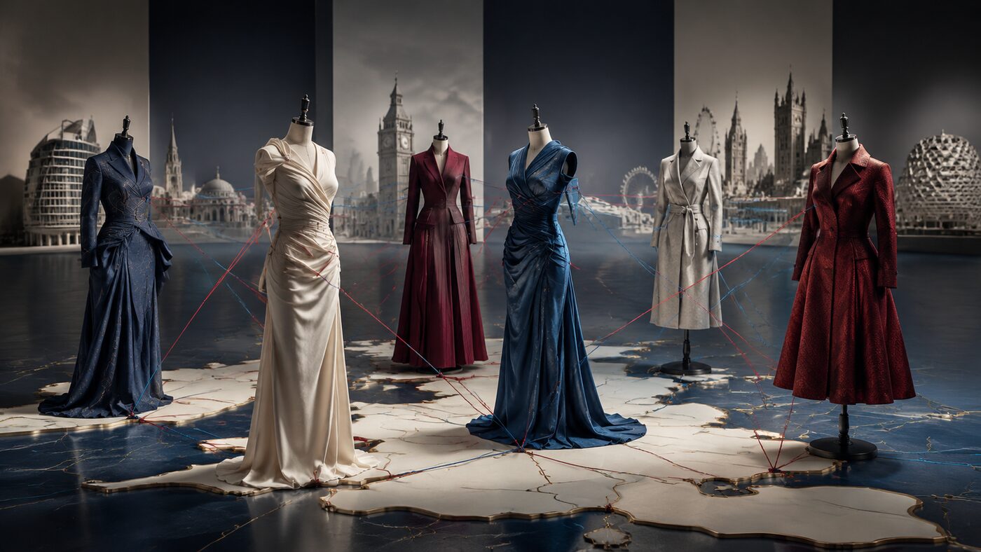 Six dress forms connected across a stylised map of Britain
