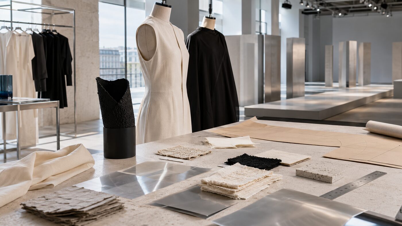 A bare studio with natural fibre swatches and unbranded garments, representing the material standards behind SS27 fashion week admission