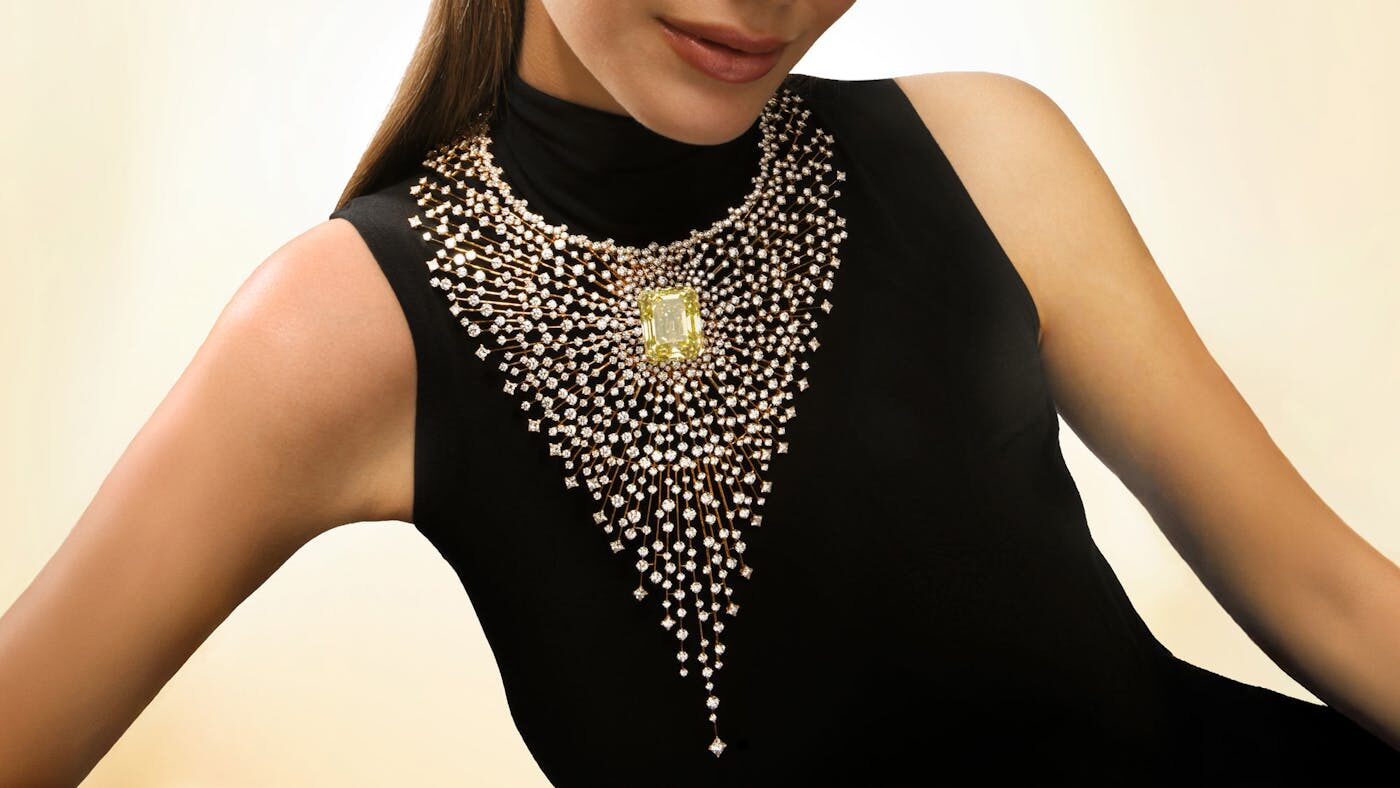Fred Golden Light high jewelry, a High Jewelry set in yellow and blue stones from the ninetieth-anniversary collection, courtesy of Fred