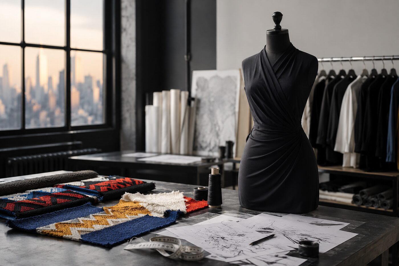 A New York atelier still life with a draped dress form and colourful knit swatches, marking Henry Zankov's Diane von Furstenberg debut