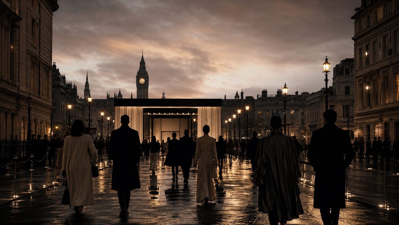 A London Fashion Week venue set and lit before guests arrive
