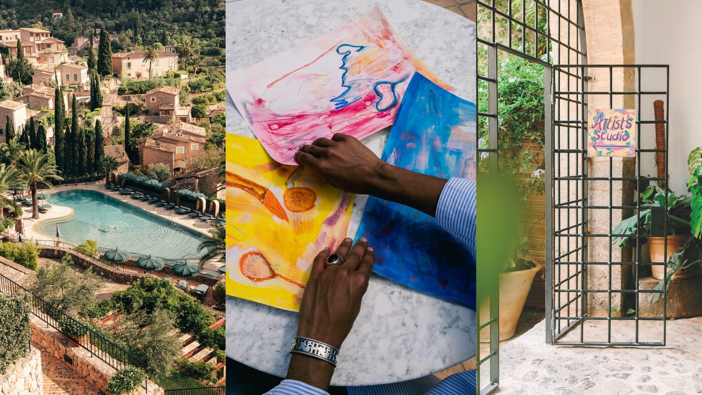 La Residencia, a Belmond Hotel in Deià, Mallorca: the ochre village and terraced pool, an artist's hands working colour onto paper, and the wrought-iron gate of the on-site Artist's Studio