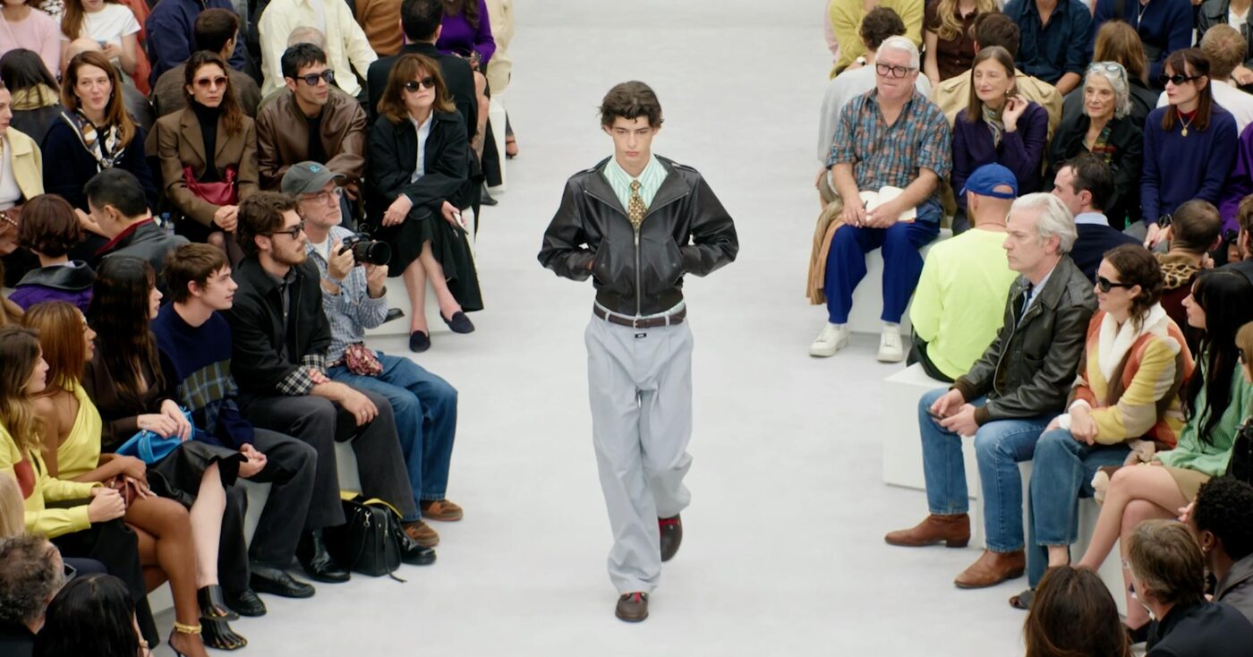 A model walks the Loewe spring/summer 2027 show in a circular arena at the Ch&acirc;teau de Vincennes, Paris