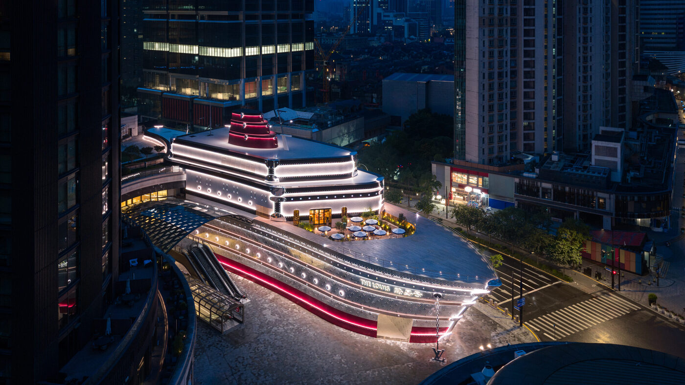 The Louis, the boat-shaped Louis Vuitton building on Nanjing Road in Shanghai, model for the High Summer 2026 Boat Trunk
