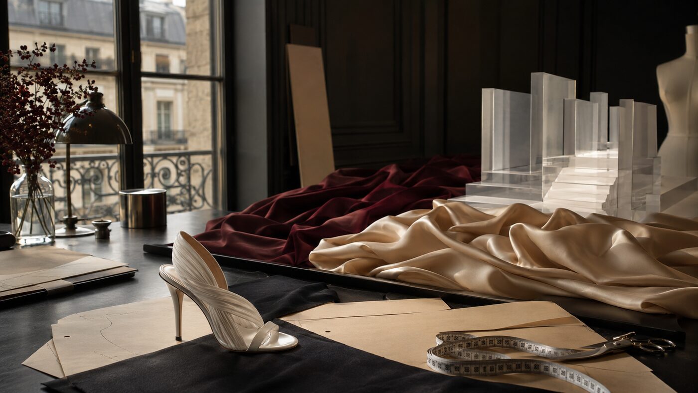 A Paris atelier in ivory and burgundy tones evoking Louis Vuitton leather goods and the Multipass bag