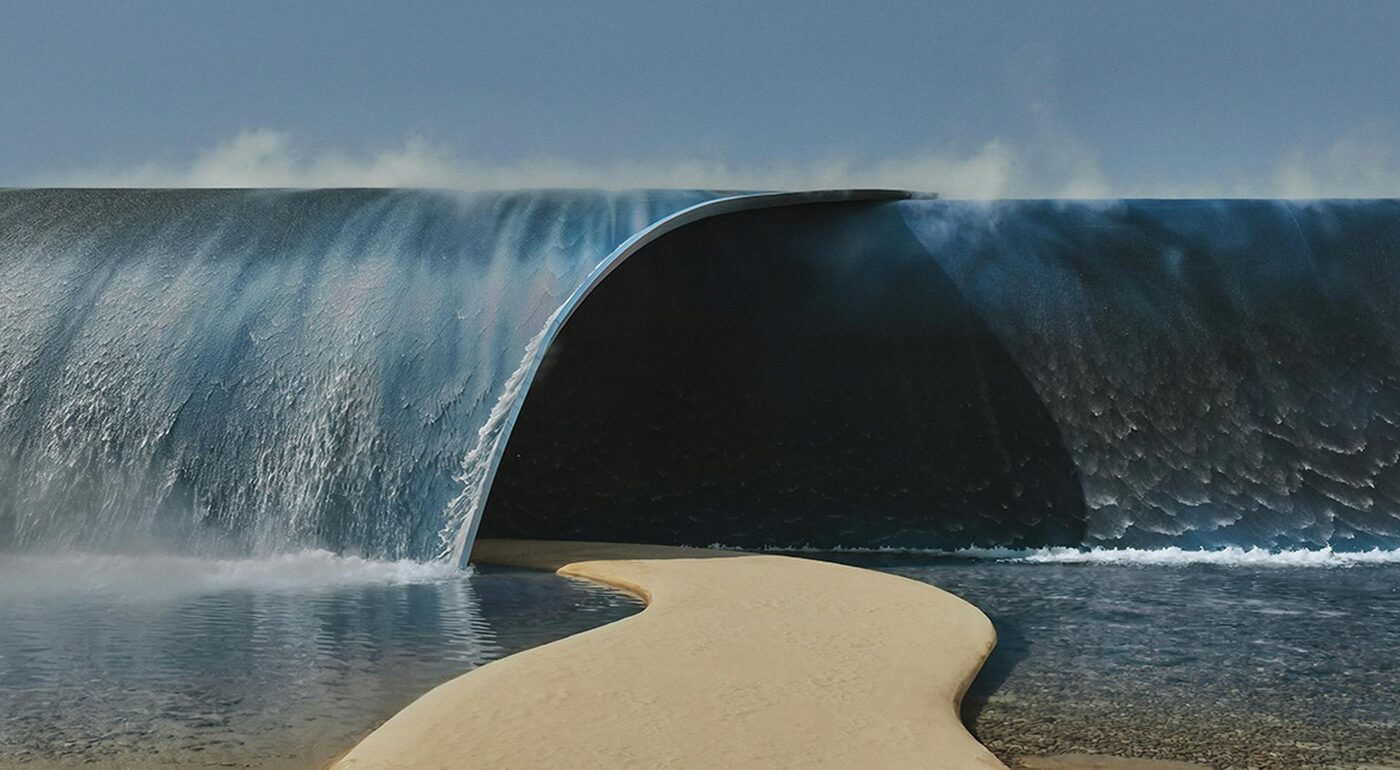 The Louis Vuitton Men's Spring-Summer 2027 show set, a towering wave over sand in Paris