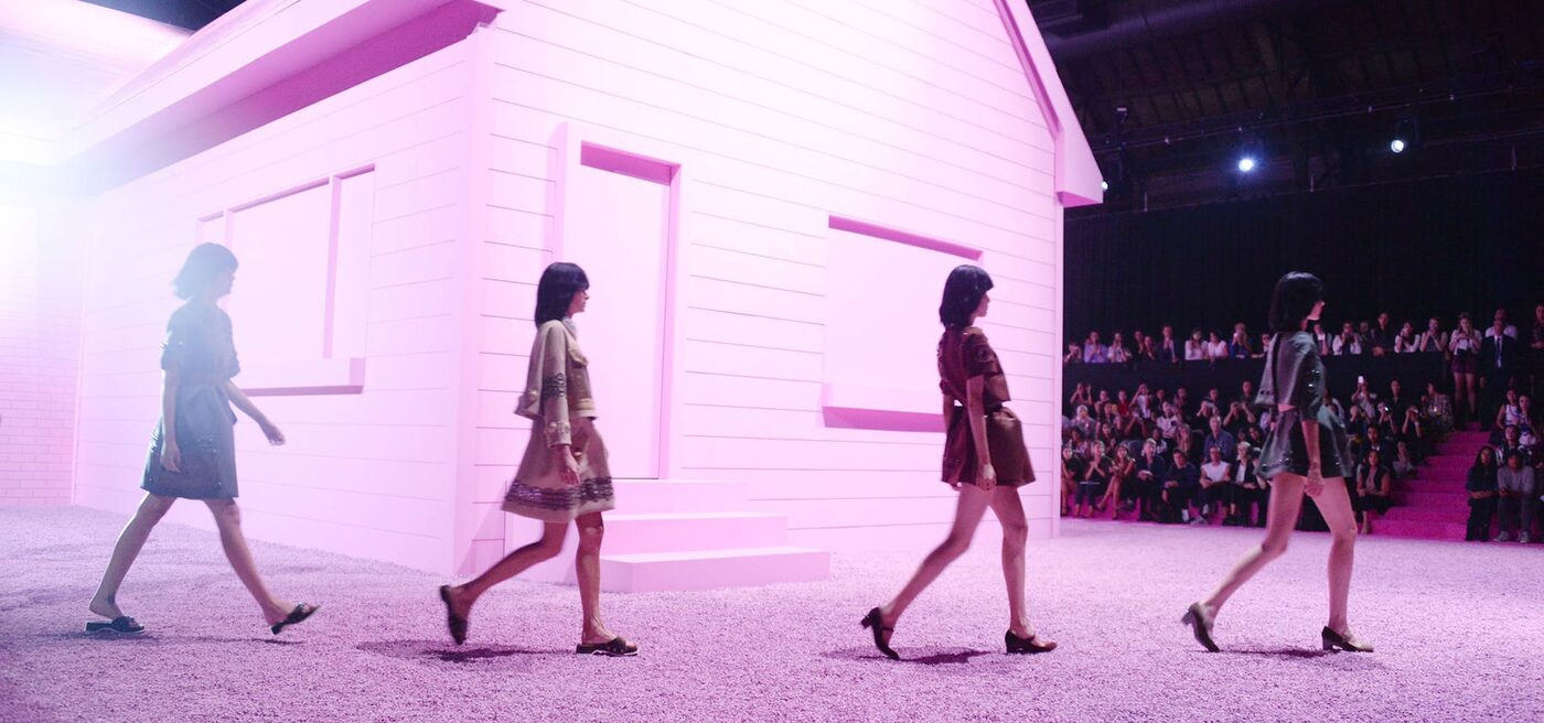 Marc Jacobs runway staging, models walking a theatrical set