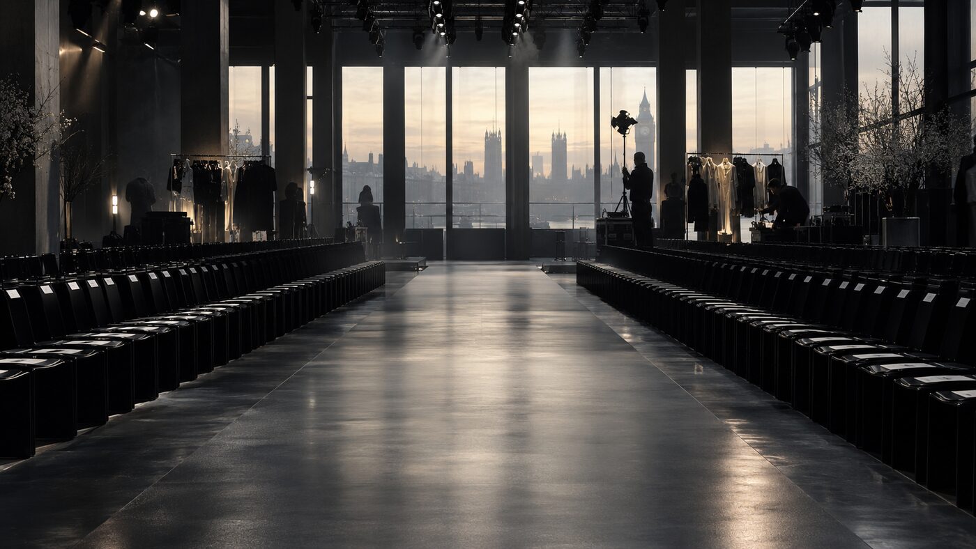 A London Fashion Week venue set and lit before guests arrive