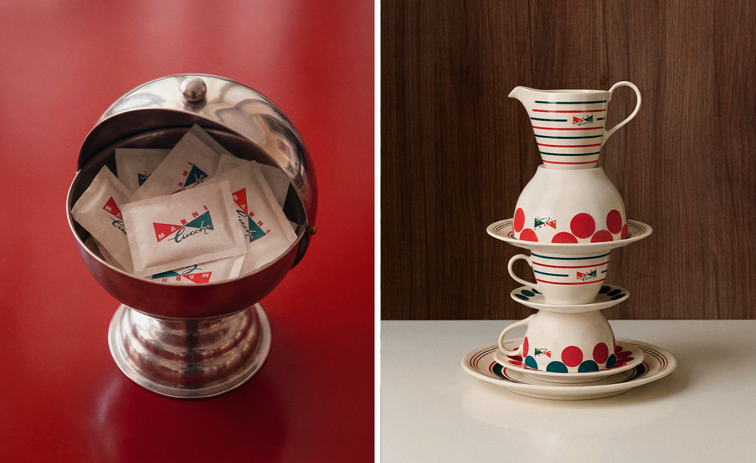 Marni x Cucchi sugar packets and coffee cups in red and green stripes for the Italian house&rsquo;s Pasticceria Cucchi takeover, Milan Design Week 2026