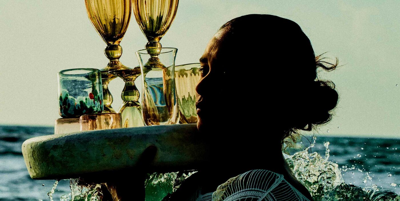 Hand-blown Mexican glassware carried into the sea at Maroma, A Belmond Hotel, Riviera Maya, courtesy of Belmond