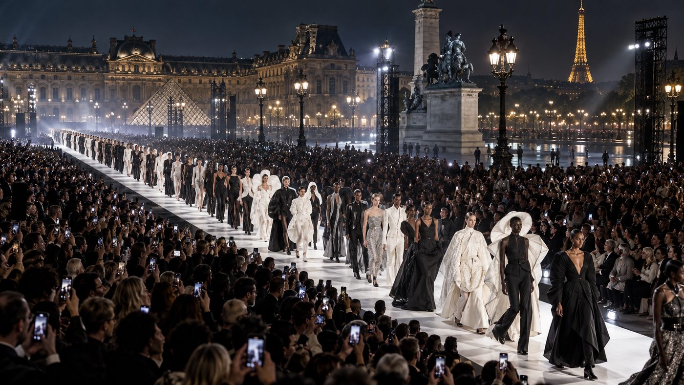 A conceptual editorial image of a Paris runway procession watched by a full audience